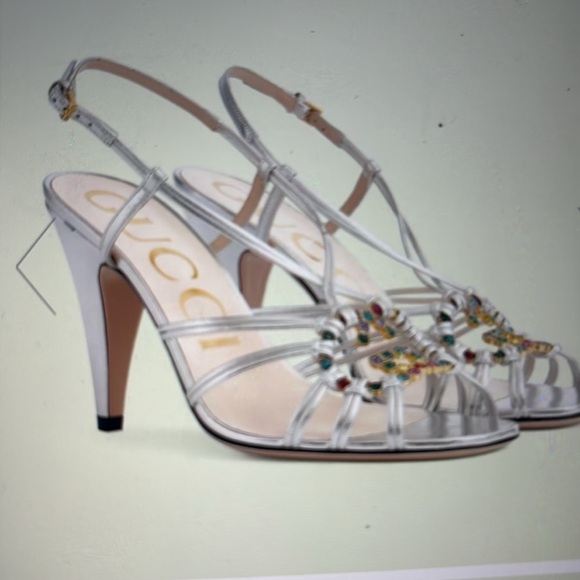 Gucci Silver Leather Sandal with Multi Colored Jeweled GG - Picture 7 of 8